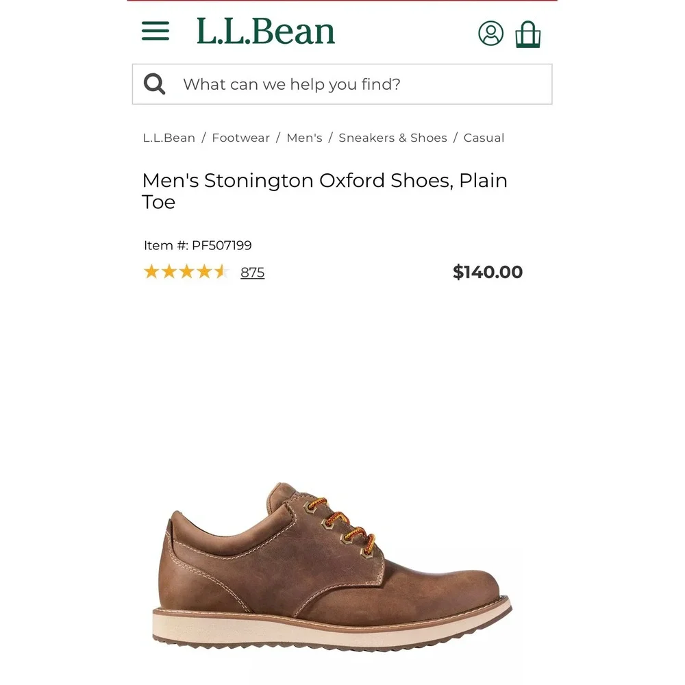 L.L. Bean NWOT Men's Brown Leather Lace Up Rugged Casual Oxford Shoes 12M